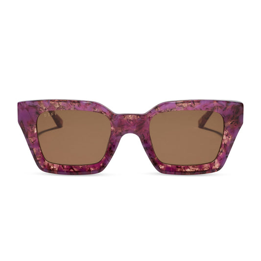 diff eyewear greer square sunglasses in a lavender haze tortoise acetate frame and brown lenses front view