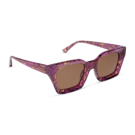 diff eyewear greer square sunglasses in a lavender haze tortoise acetate frame and brown lenses angled view