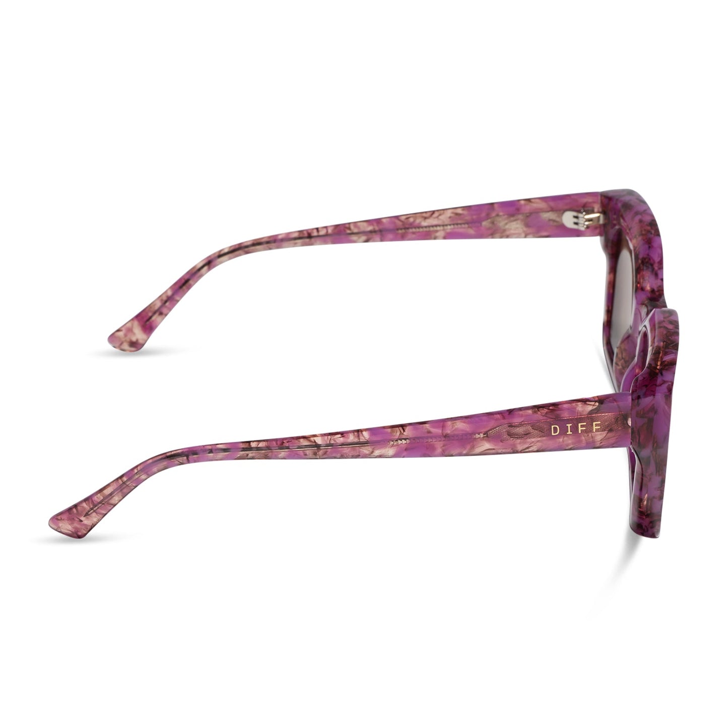 diff eyewear greer square sunglasses in a lavender haze tortoise acetate frame and brown lenses side view