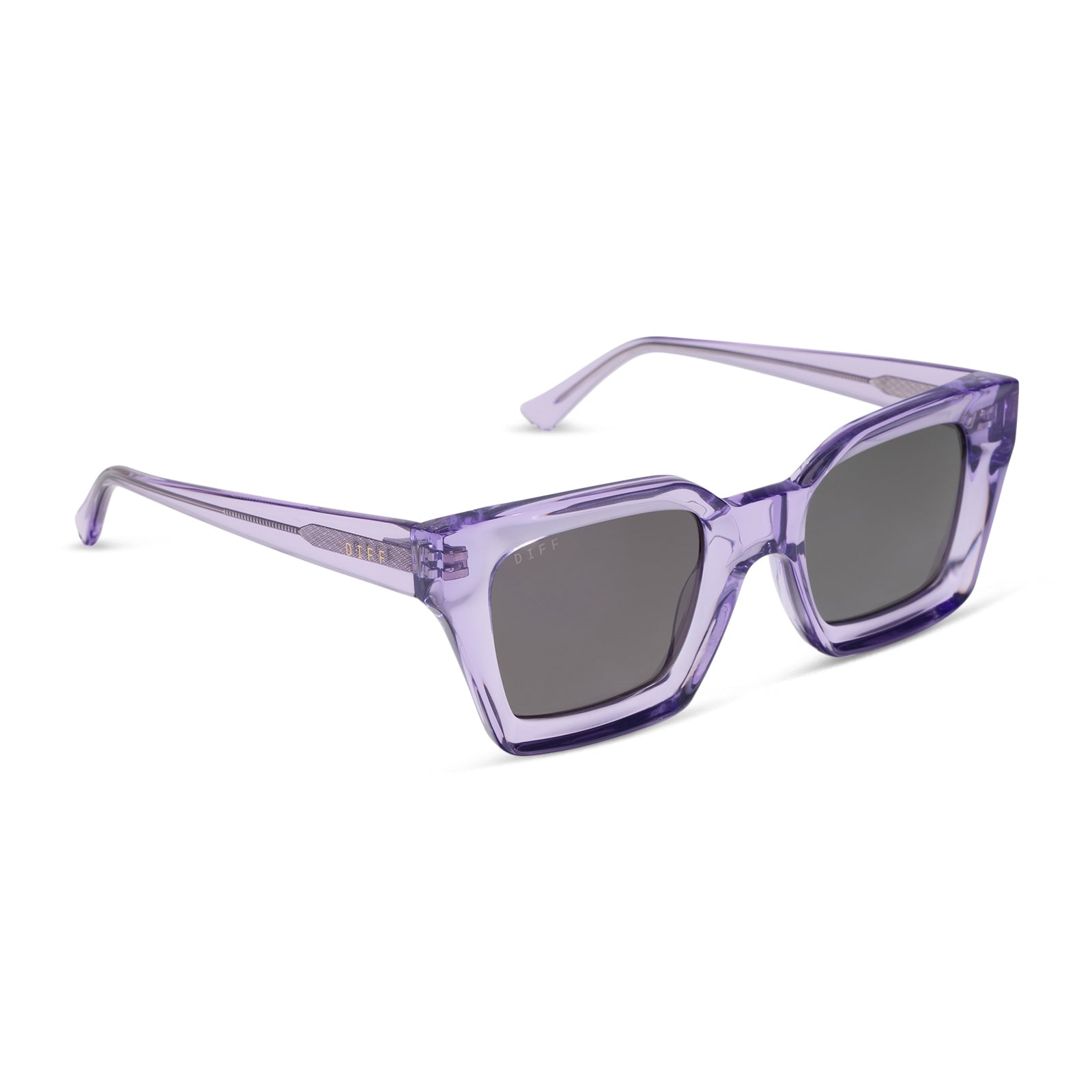 diff eyewear greer square sunglasses with a lilac crystal purple acetate frame and grey polarized lenses angled view