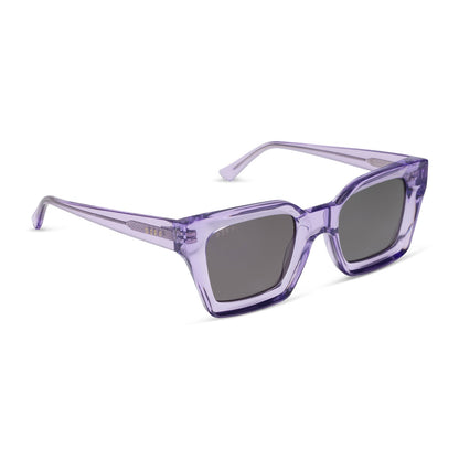 diff eyewear greer square sunglasses with a lilac crystal purple acetate frame and grey polarized lenses angled view