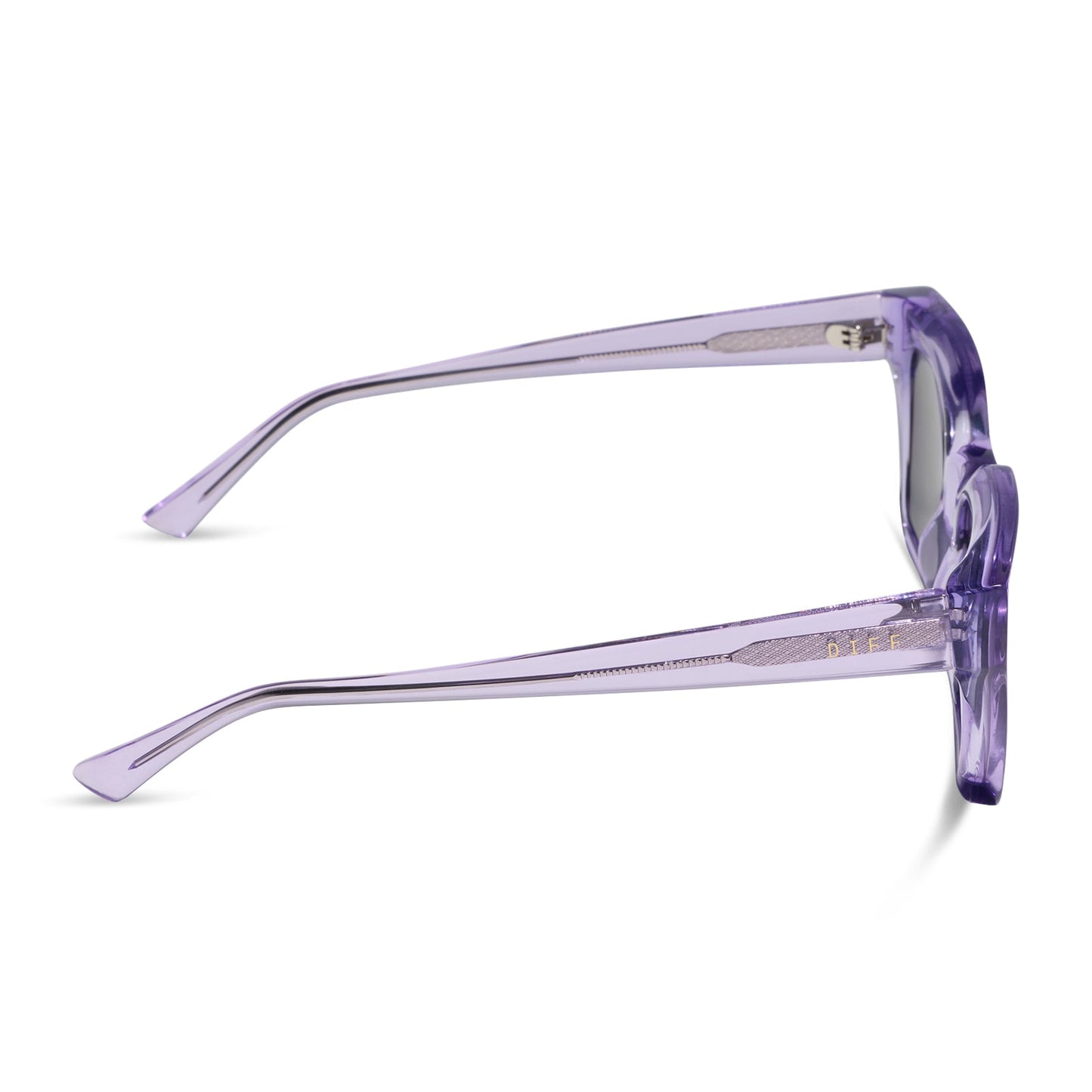 diff eyewear greer square sunglasses with a lilac crystal purple acetate frame and grey polarized lenses side view