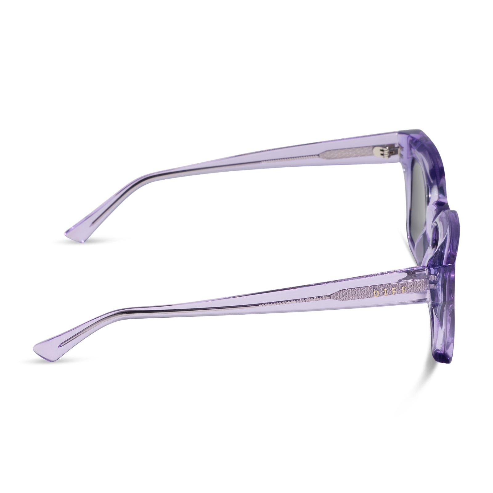 diff eyewear greer square sunglasses with a lilac crystal purple acetate frame and grey polarized lenses side view