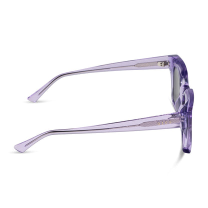 diff eyewear greer square sunglasses with a lilac crystal purple acetate frame and grey polarized lenses side view