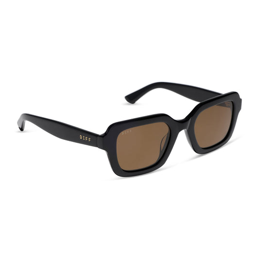 diff eyewear gwynn square sunglasses with a black acetate frame and brown polarized lenses angled view