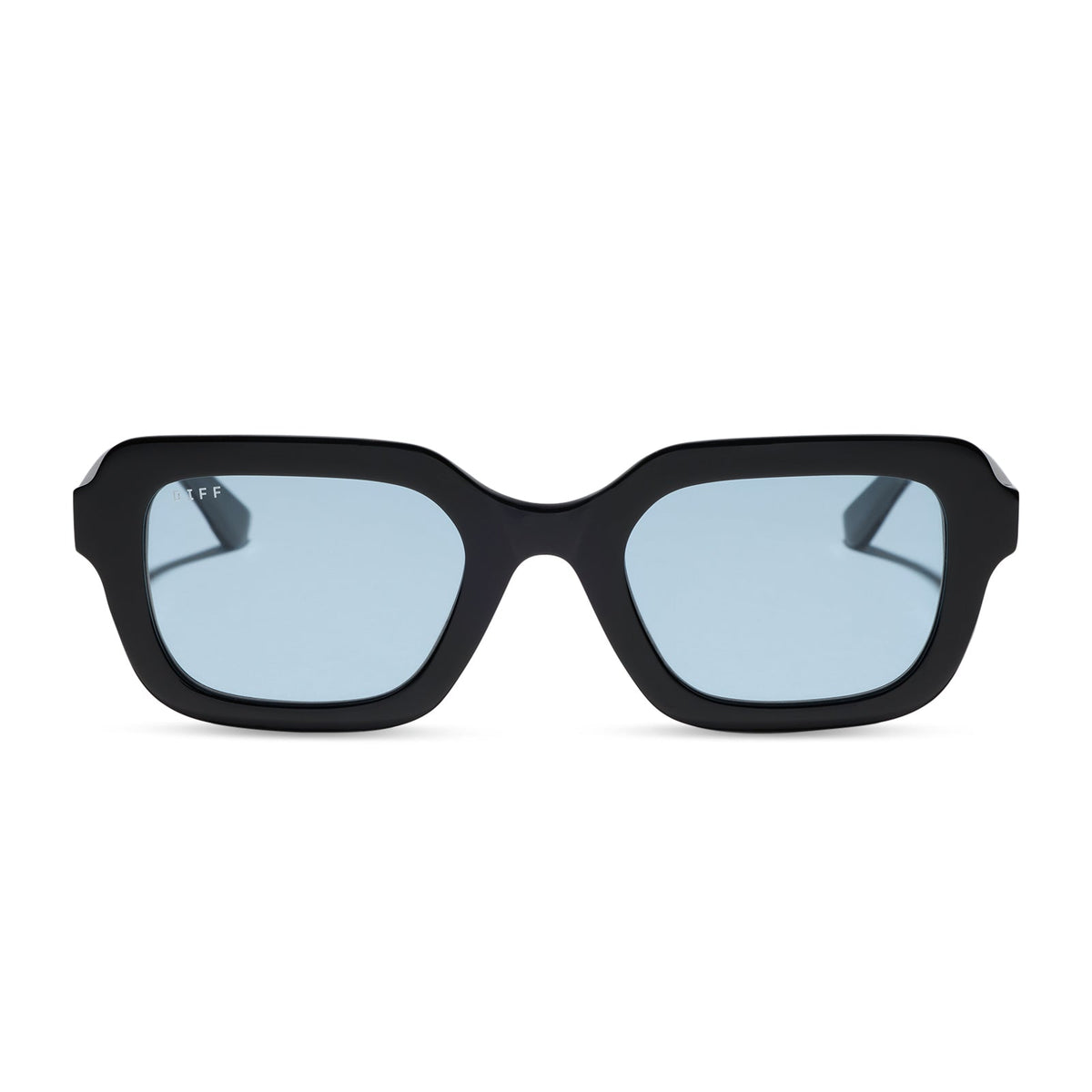 diff eyewear gwynn square sunglasses with a black acetate frame and light blue tint lenses front view