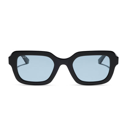 diff eyewear gwynn square sunglasses with a black acetate frame and light blue tint lenses front view