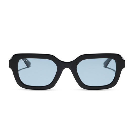 diff eyewear gwynn square sunglasses with a black acetate frame and light blue tint lenses front view