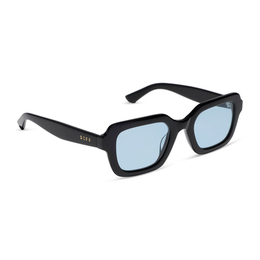 diff eyewear gwynn square sunglasses with a black acetate frame and light blue tint lenses angled view