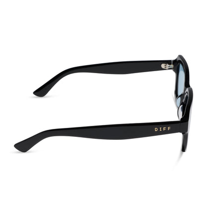 diff eyewear gwynn square sunglasses with a black acetate frame and light blue tint lenses side view
