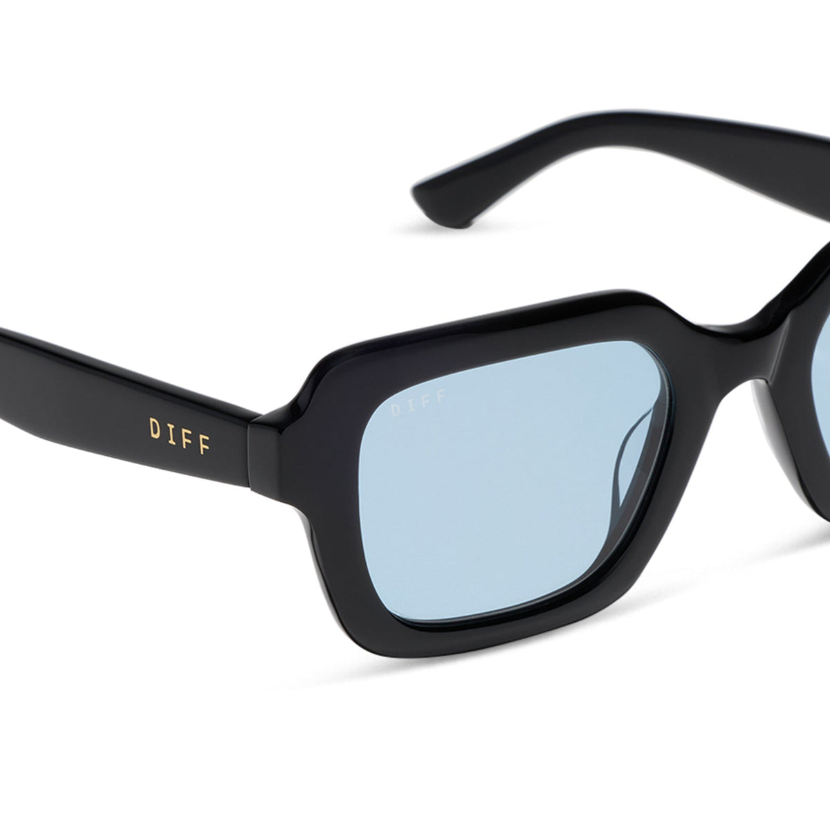diff eyewear gwynn square sunglasses with a black acetate frame and light blue tint lenses detailed view