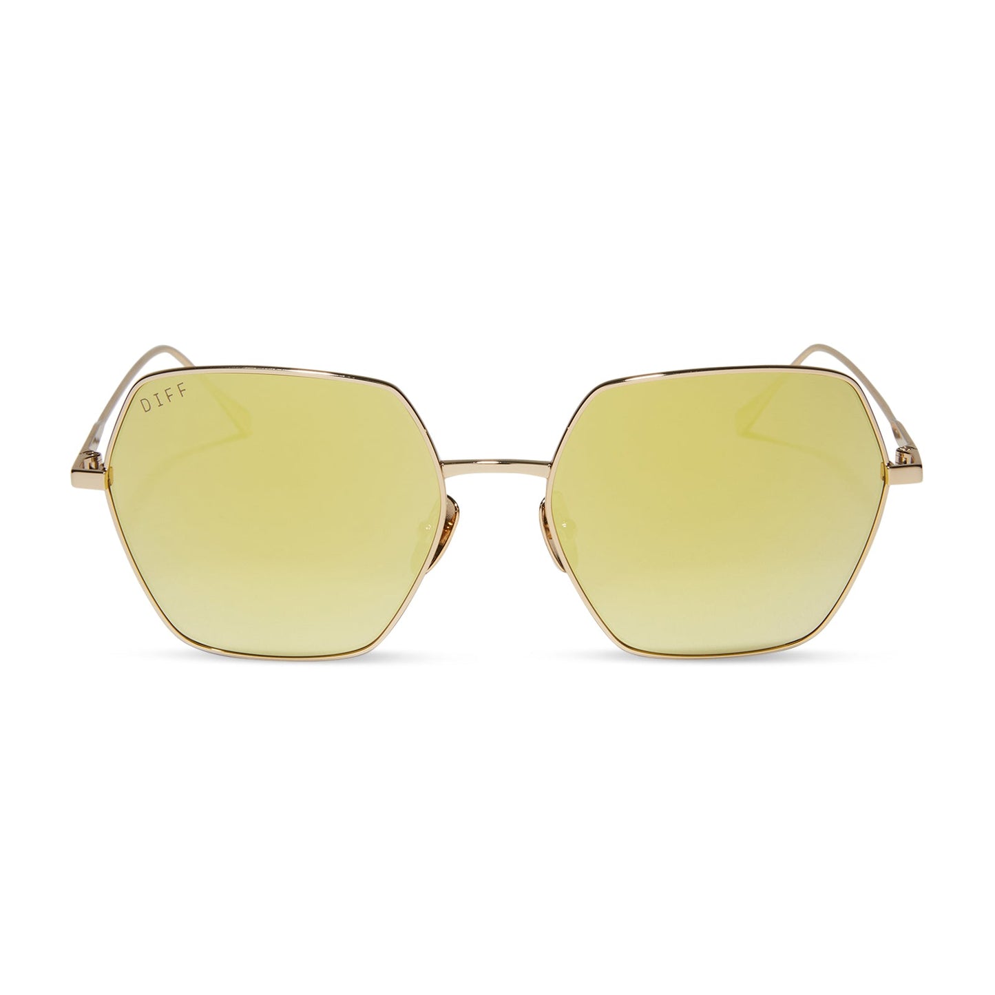 diff eyewear harlowe oversized square sunglasses with a gold metal frame and brilliant gold mirror lenses front view