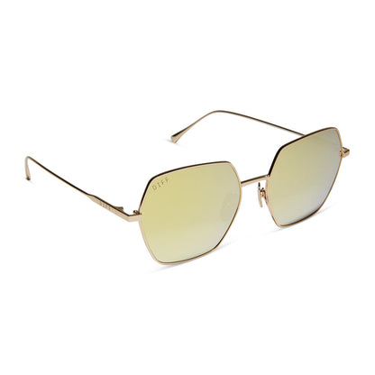 diff eyewear harlowe oversized square sunglasses with a gold metal frame and brilliant gold mirror lenses angled view