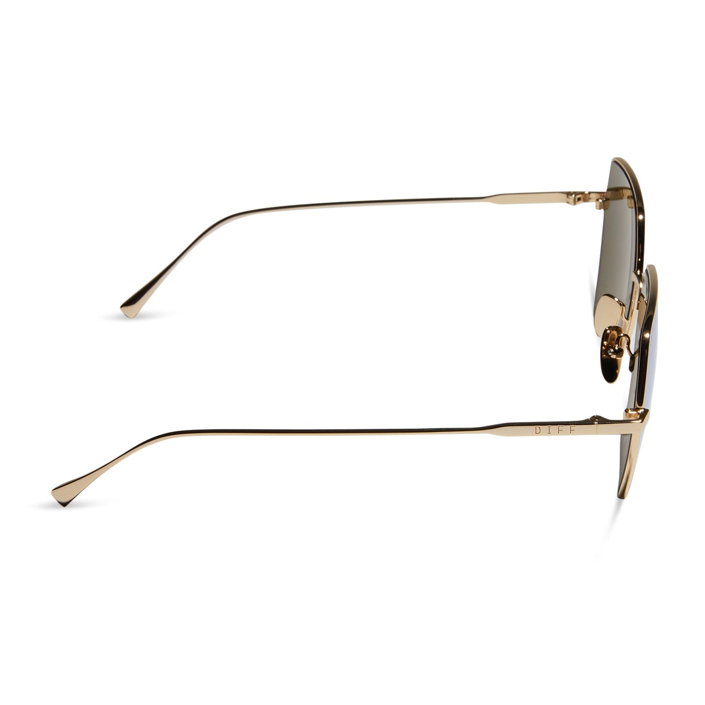 diff eyewear harlowe oversized square sunglasses with a gold metal frame and brilliant gold mirror lenses side view