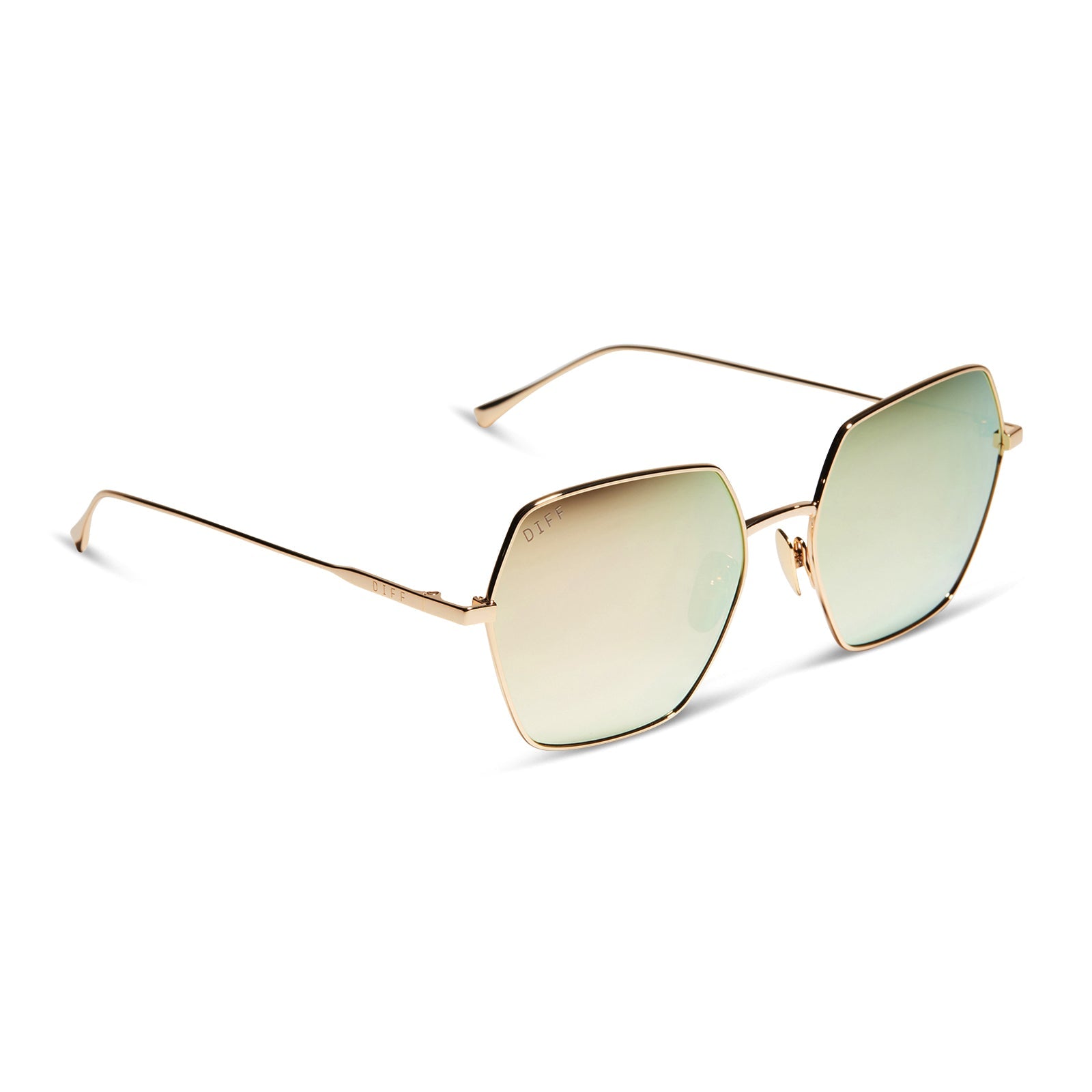 diff eyewear featuring the harlowe square sunglasses with a gold metal frame and taupe flash lenses angled view