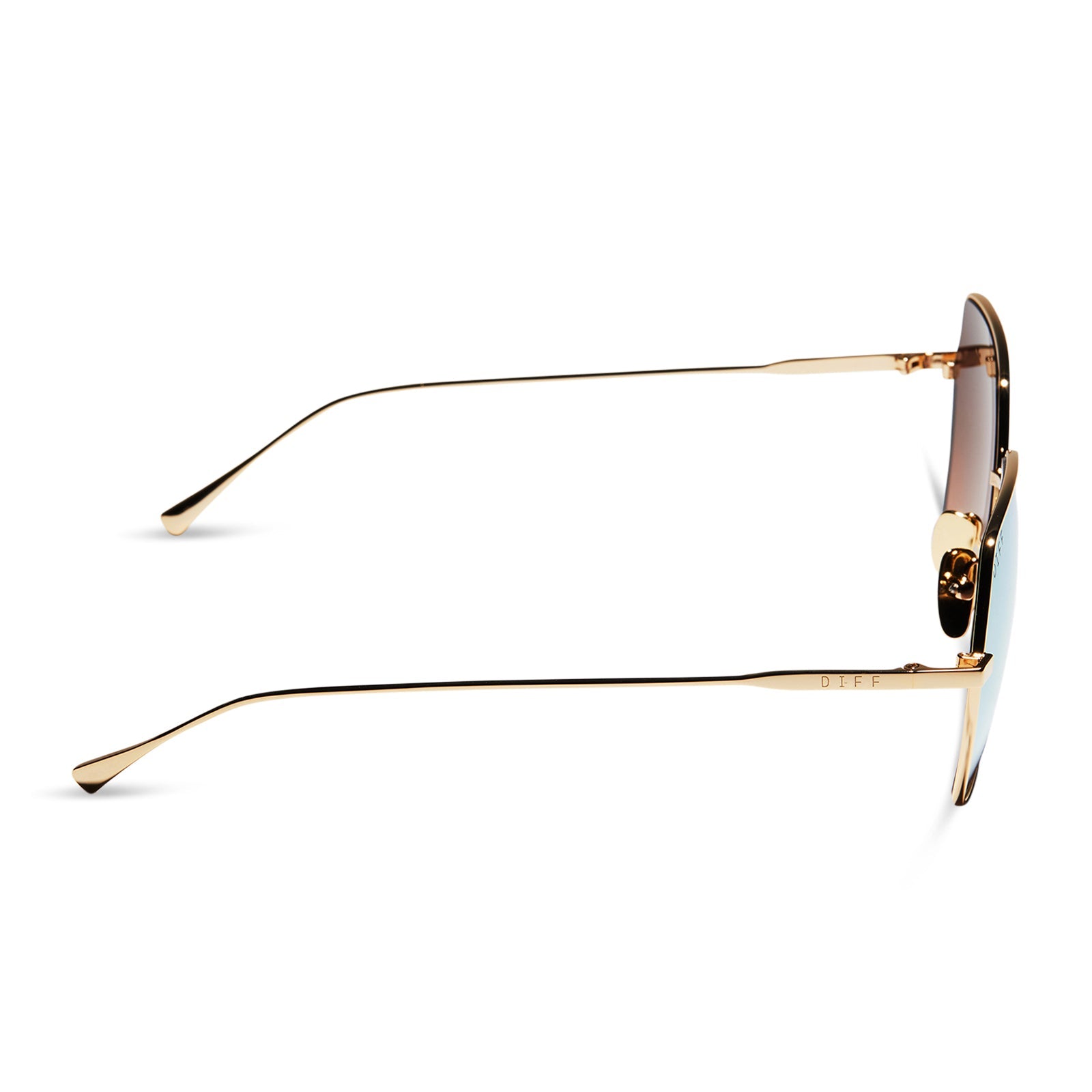 diff eyewear featuring the harlowe square sunglasses with a gold metal frame and taupe flash lenses side view