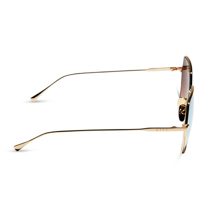 diff eyewear featuring the harlowe square sunglasses with a gold metal frame and taupe flash lenses side view