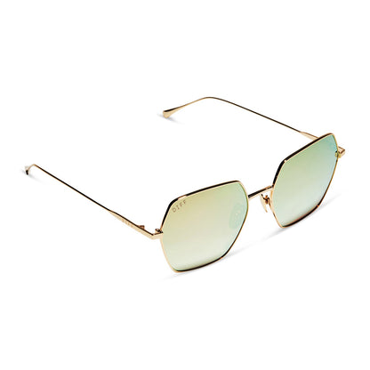 diff eyewear featuring the harlowe square sunglasses with a gold metal frame and taupe flash lenses detailed view