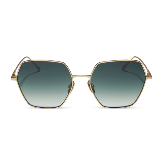 diff eyewear harlowe oversized square sunglasses with a matte gold metal frame and g15 gradient lenses front view