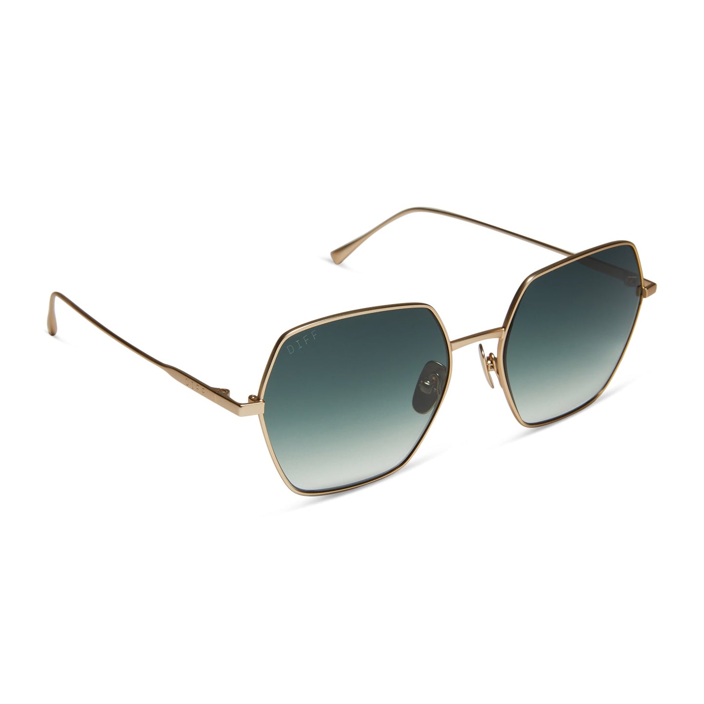 diff eyewear harlowe oversized square sunglasses with a matte gold metal frame and g15 gradient lenses angled view