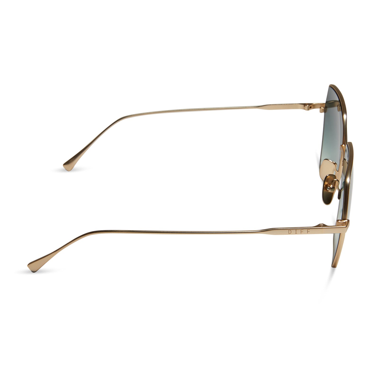 diff eyewear harlowe oversized square sunglasses with a matte gold metal frame and g15 gradient lenses side view