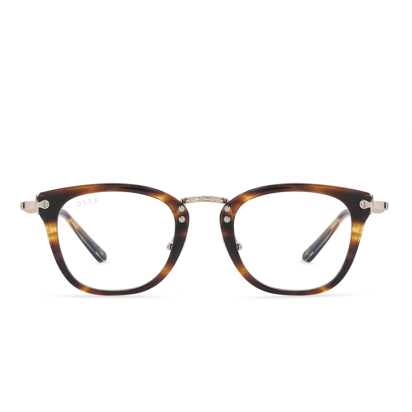 harry potter x diff eyewear featuring the gryffindor square glasses with a lions mane gold frame and prescription lenses front view