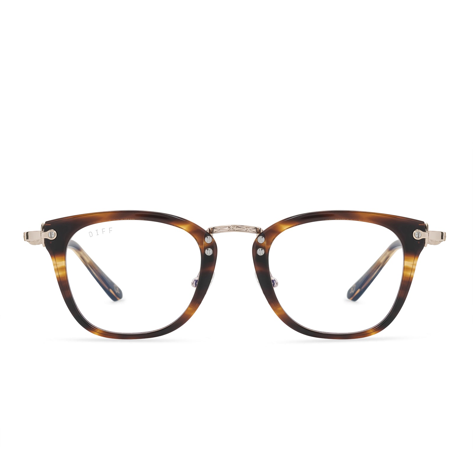 harry potter x diff eyewear featuring the gryffindor square glasses with a lions mane gold frame and prescription lenses front view