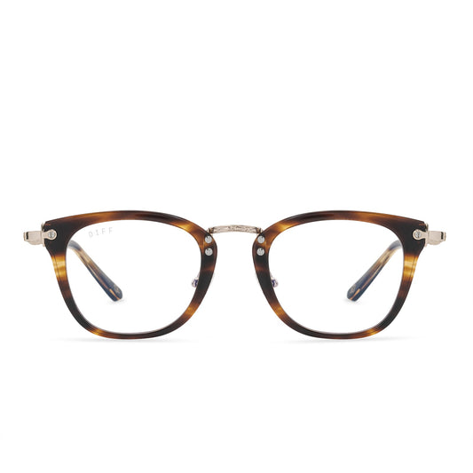 harry potter x diff eyewear featuring the gryffindor square glasses with a lions mane gold frame and prescription lenses front view