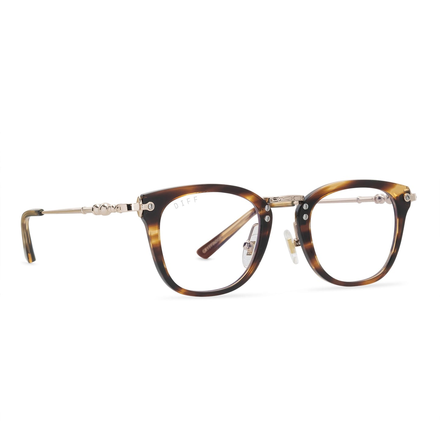 harry potter x diff eyewear featuring the gryffindor square glasses with a lions mane gold frame and prescription lenses angled view