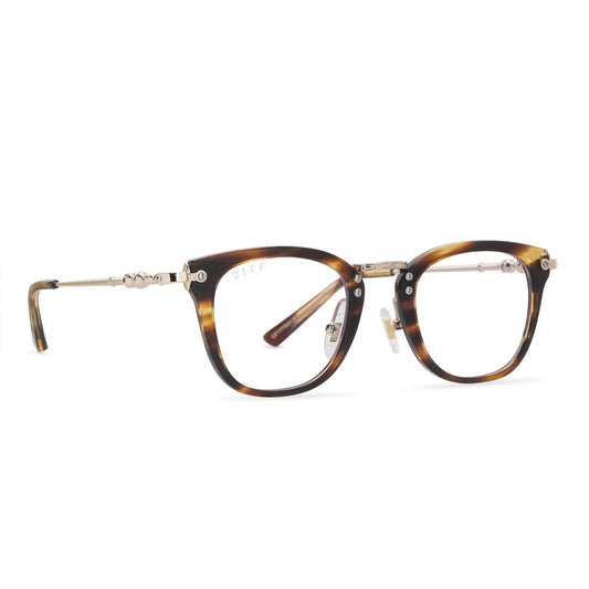 harry potter x diff eyewear featuring the gryffindor square glasses with a lions mane gold frame and prescription lenses angled view