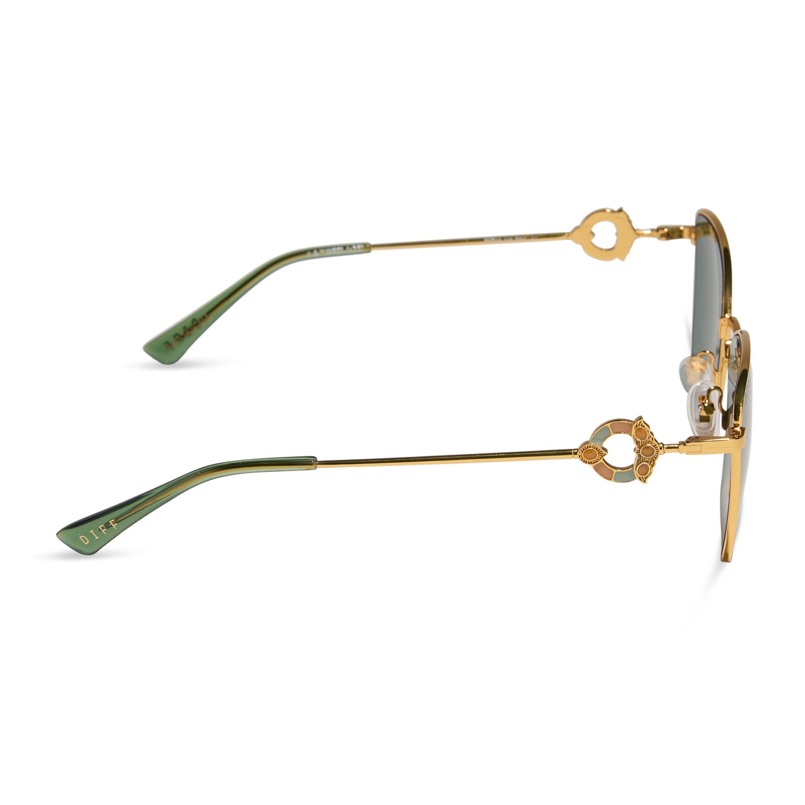 harry potter x diff eyewear featuring professor mcgonagall cat eye sunglasses with a gold frame and g15 lenses side view