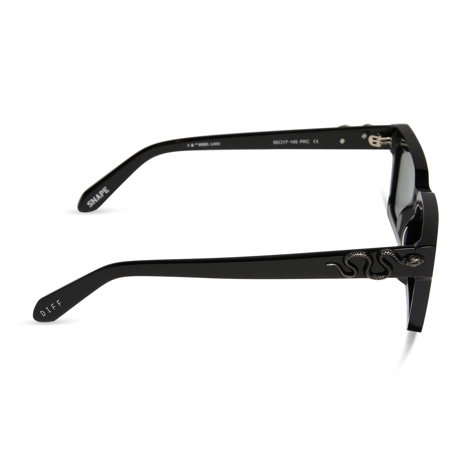 harry potter x diff eyewear featuring professor snape 2.0 square  sunglasses with a black frame and g15 lenses side view