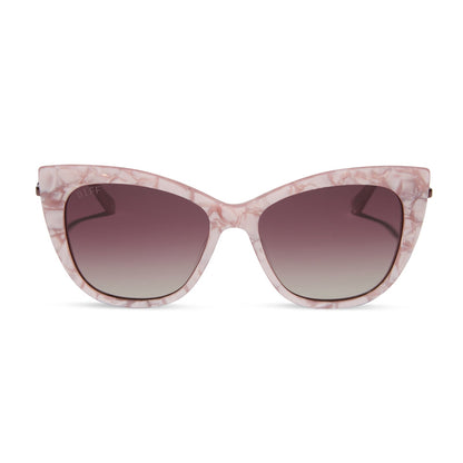 harry potter x diff eyewear featuring professor umbridge cat eye sunglasses with a pink mother of pearl frame and wine gradient lenses front view