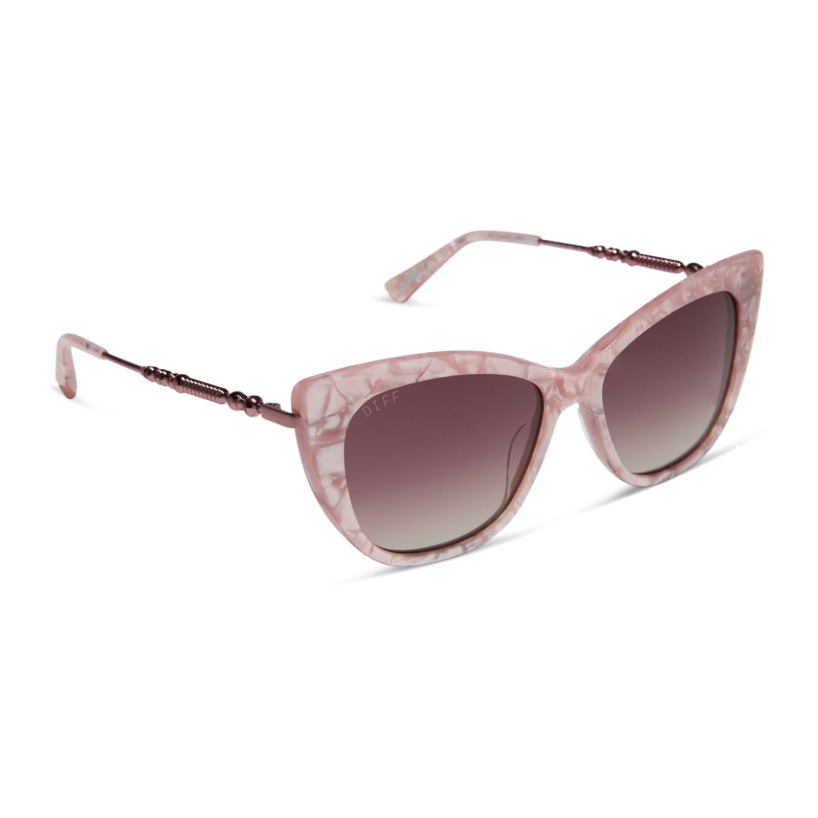 harry potter x diff eyewear featuring professor umbridge cat eye sunglasses with a pink mother of pearl frame and wine gradient lenses angled view