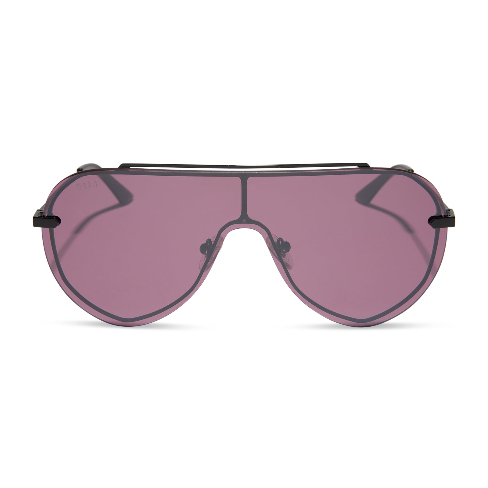 diff eyewear featuring the imani shield sunglasses with a black frame and aubergine with silver flash lenses front view