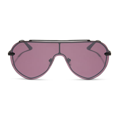diff eyewear featuring the imani shield sunglasses with a black frame and aubergine with silver flash lenses front view