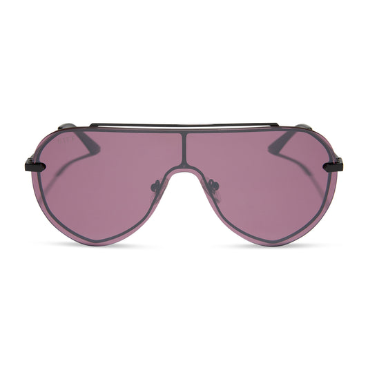 diff eyewear featuring the imani shield sunglasses with a black frame and aubergine with silver flash lenses front view