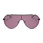 diff eyewear featuring the imani shield sunglasses with a black frame and aubergine with silver flash lenses front view