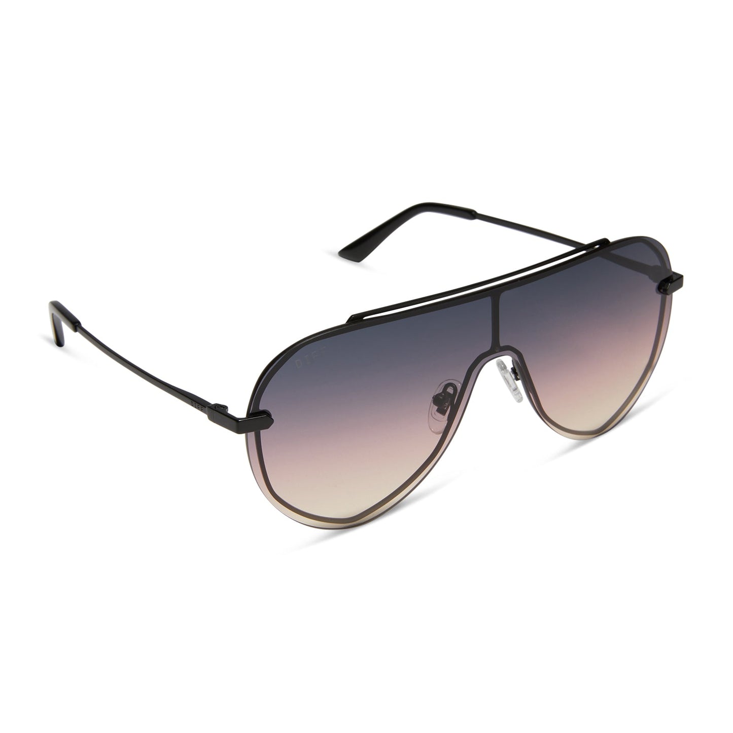 diff eyewear featuring the imani shield sunglasses with a brushed black frame and twilight gradient lenses angled view