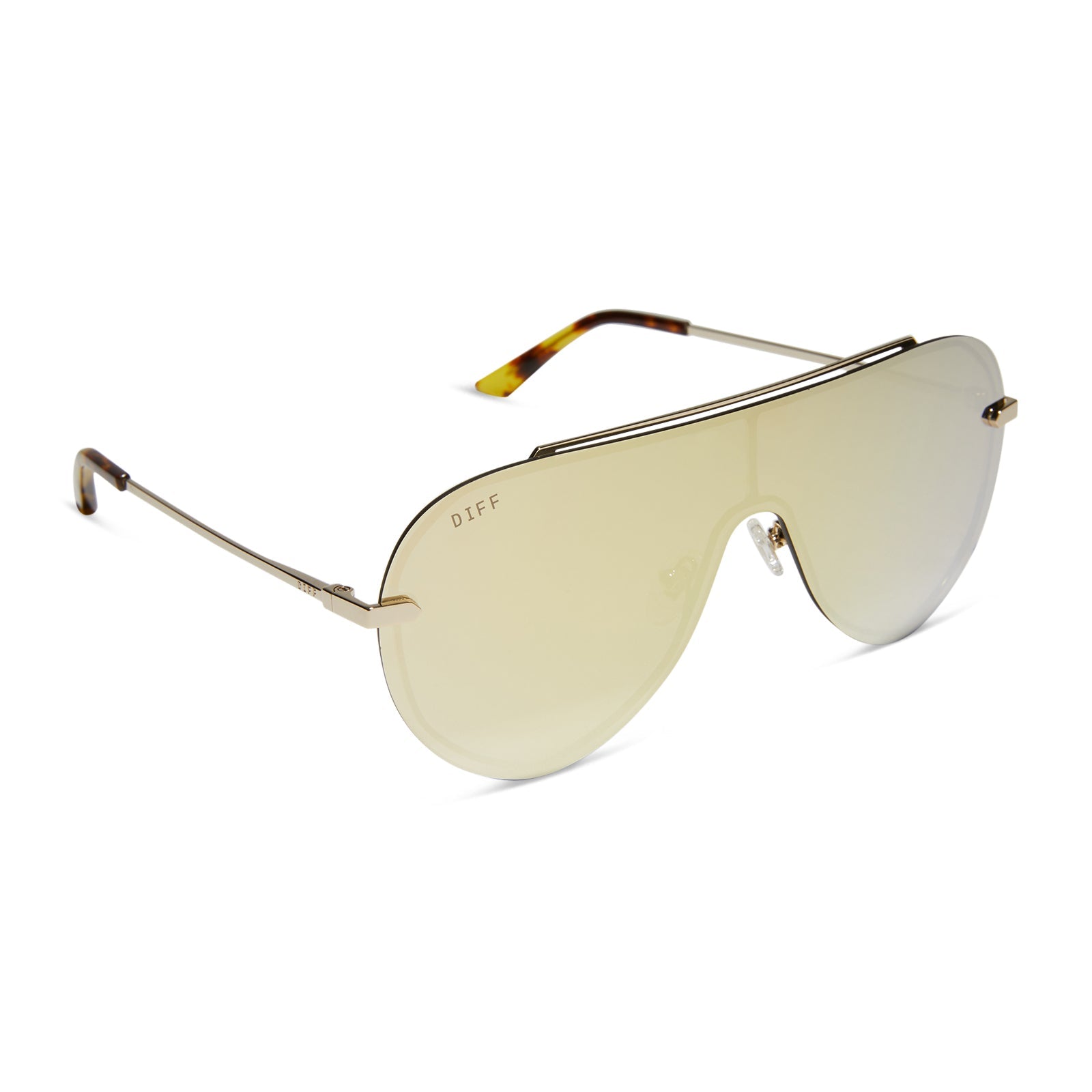 diff eyewear imani oversized shield sunglasses with a gold metal frame and brilliant gold mirror lenses angled view