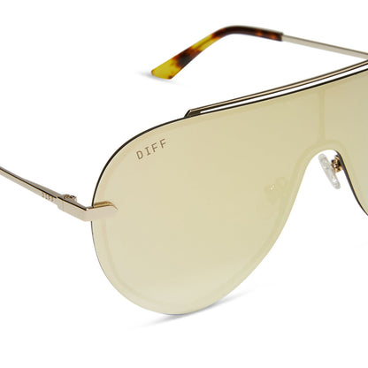 diff eyewear imani oversized shield sunglasses with a gold metal frame and brilliant gold mirror lenses detailed view