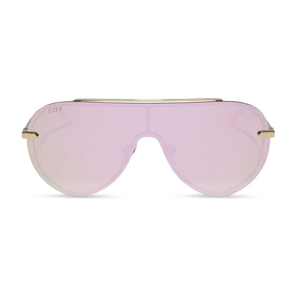 diff eyewear featuring the imani shield sunglasses with a gold frame and cherry blossom mirror lenses front view