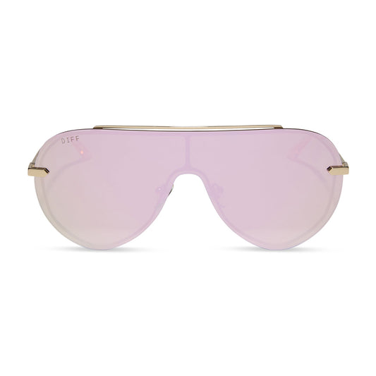 diff eyewear featuring the imani shield sunglasses with a gold frame and cherry blossom mirror lenses front view