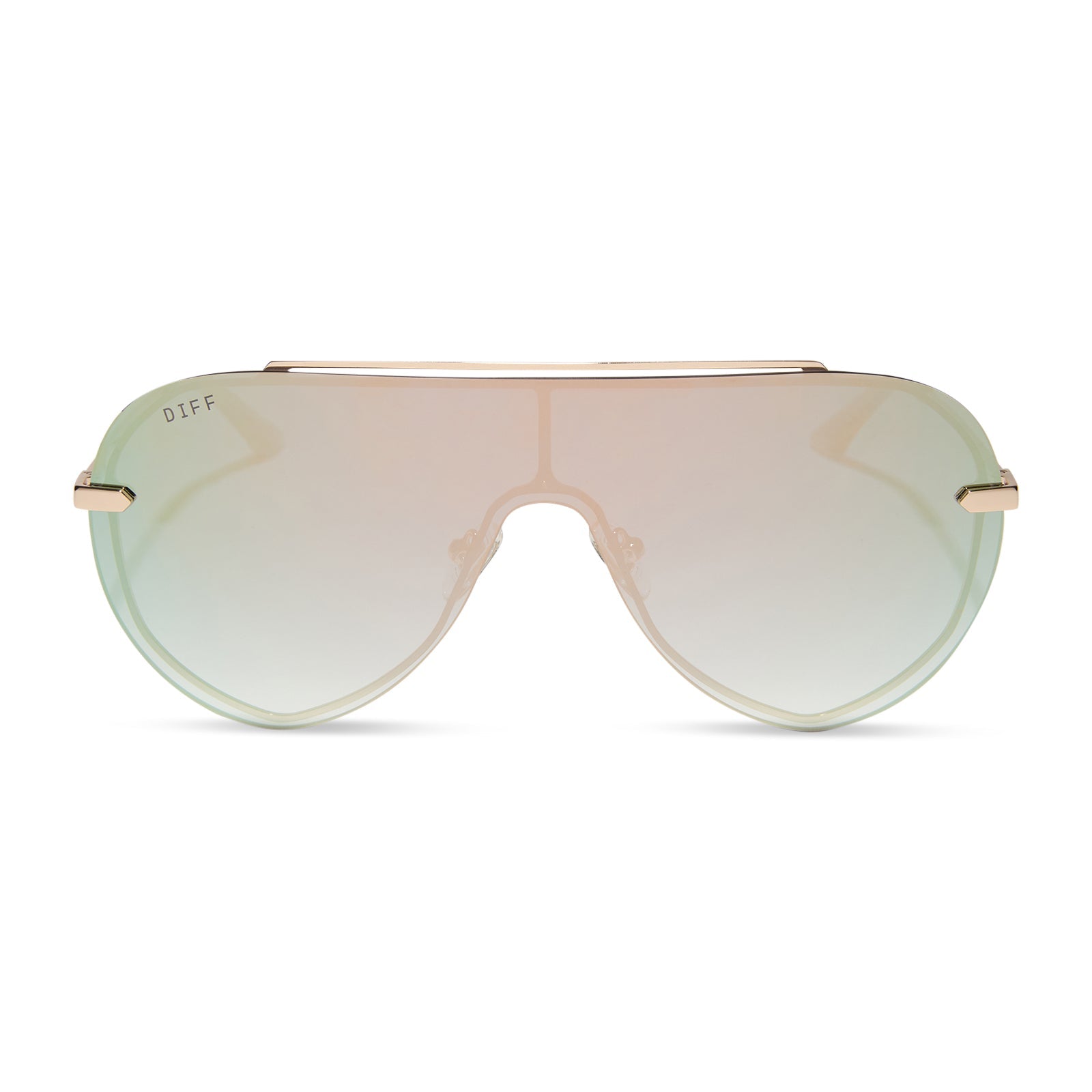 diff eyewear featuring the imani shield sunglasses with a gold frame and cool matcha green mirror lenses front view