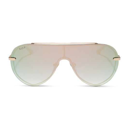 diff eyewear featuring the imani shield sunglasses with a gold frame and cool matcha green mirror lenses front view