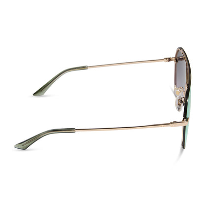 diff eyewear featuring the imani shield sunglasses with a gold frame and cool matcha green mirror lenses side view