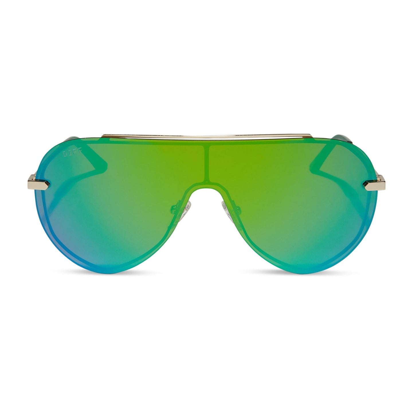 diff eyewear imani oversized shield sunglasses with a gold metal frame and green mirror lenses front view