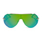 diff eyewear imani oversized shield sunglasses with a gold metal frame and green mirror lenses front view