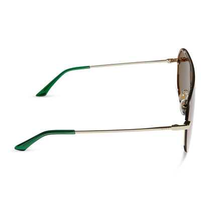 diff eyewear imani oversized shield sunglasses with a gold metal frame and green mirror lenses side view