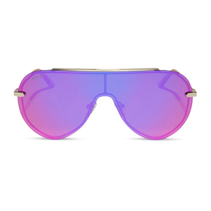 diff eyewear imani oversized shield sunglasses with a gold metal frame and pink rush mirror lenses front view